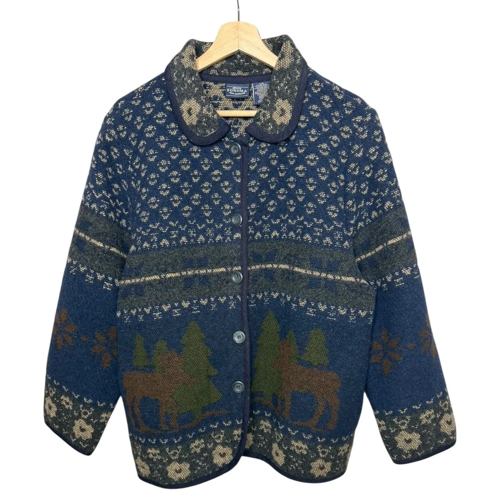Sonoma Western‎ Rugged Wool Blend Moose Print Cardigan Sweater Navy L Cabincore